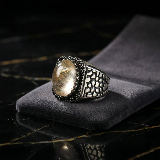 Para Taşı Sitrin Sertifikalı Mozaik Kasa Gümüş Yüzük - Tesbihcibaba