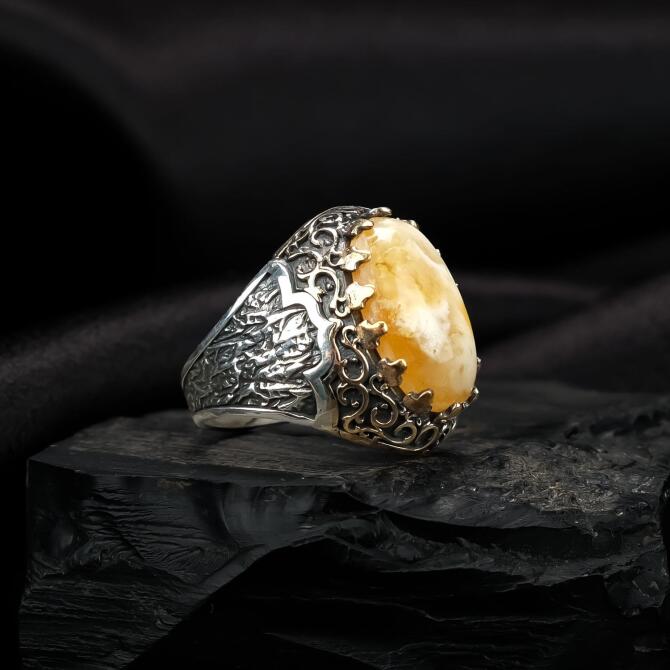 Pençe Mode Kaya Damla Kehribar Yüzük - Tesbihcibaba