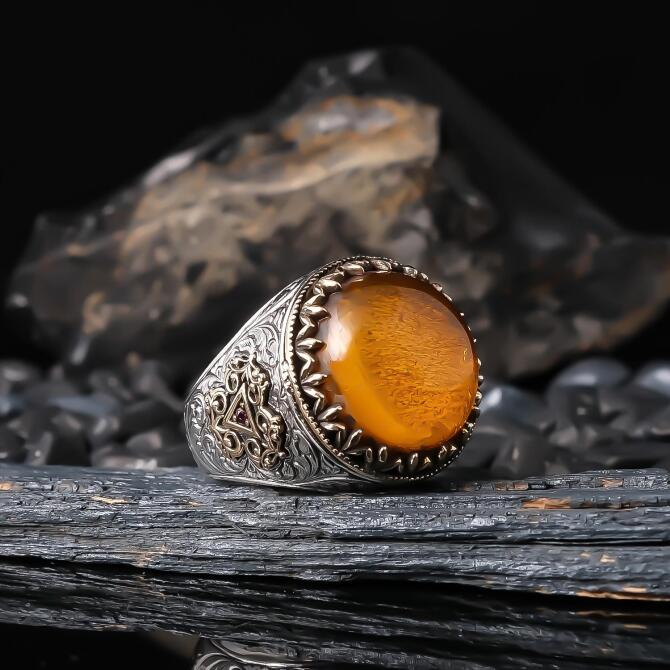 Pİramit Bal Drop Amber 925 K Silver Ring