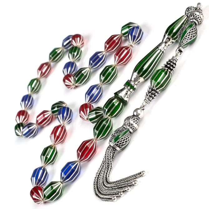 Premium Class Gümüş Yarma Sıkma Kehribar Tesbih - Tesbihcibaba