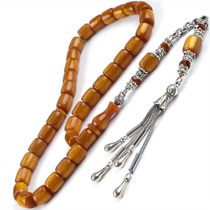 Premium Gold Özel Kesim Sıkma Kehribar Tesbih - Tesbihcibaba