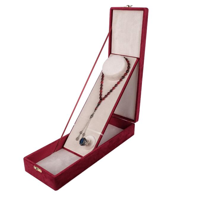 Premium Seri-Bordo Renk Kadife Tesbih ve Yüzük Kutusu - Tesbihcibaba