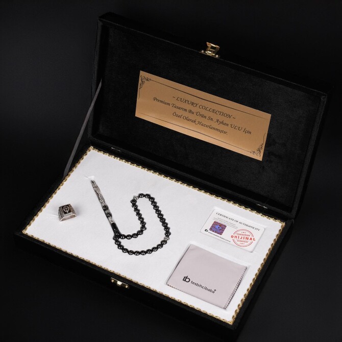 Prime Collection Erzurum Oltu Silver Engraving Prayer Beads & Ring Set