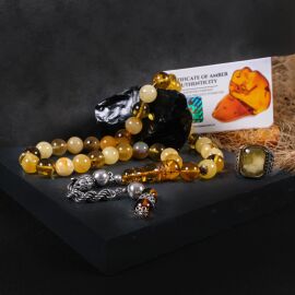 Prime Collection - Paşa Model İri Boy Bitkisel Fosilli Tesbih ve Yüzük Seti - 2