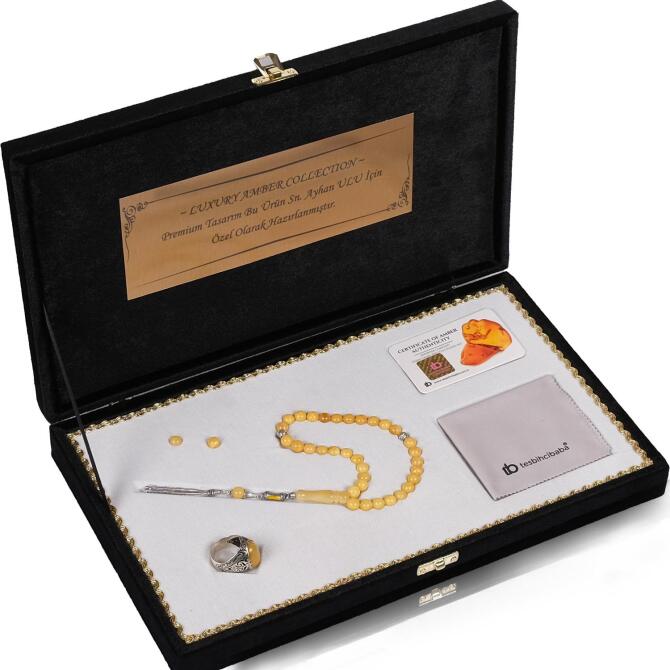 Prime Collection Certified Drop Amber Prayer Beads & Ring Set