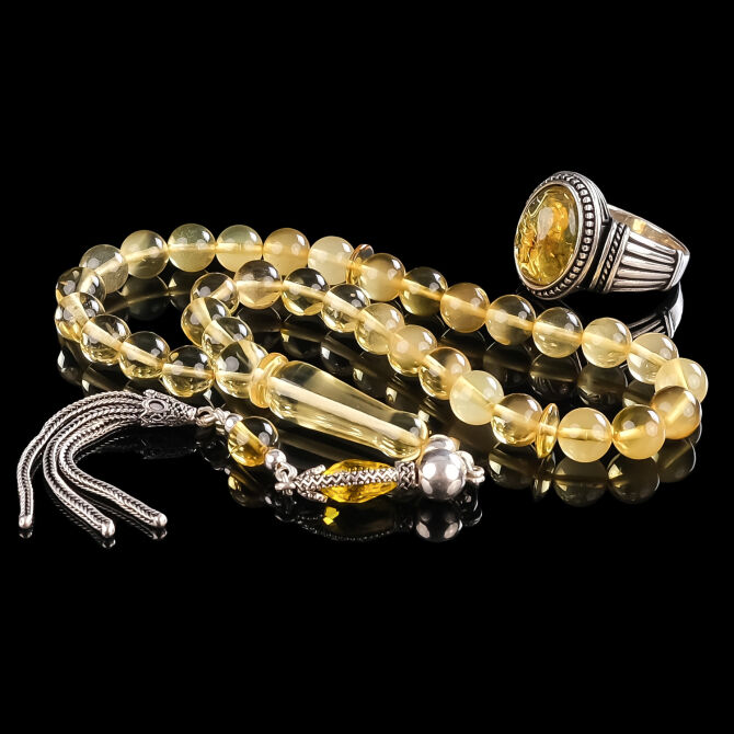 Prime Collection Water Drop Certified Drop Amber Prayer Beads & Ring Set