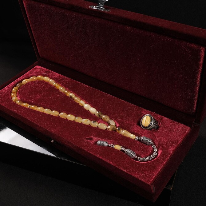 Prime Seri Bitkisel Fossil Drop Amber Design Prayer Beads & Ring Set