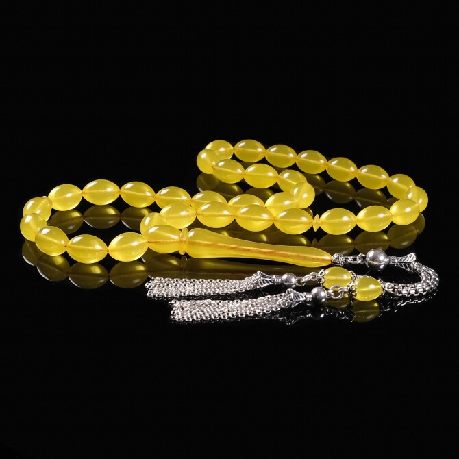 Reis Boy Gümüş Tasarım Sıkma Kehribar Tesbih - Tesbihcibaba