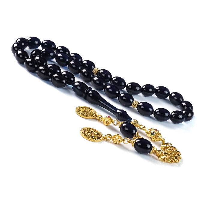 Reis Model Özel İşçilik Gece Mavisi Sıkma Kehribar Tesbih - Tesbihcibaba