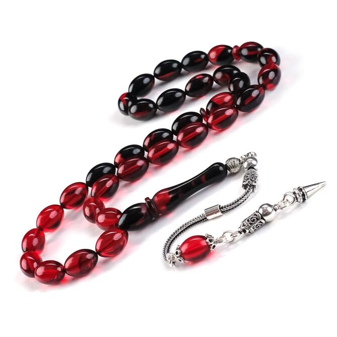 Renk Süzmesi Gece Kızılı Gümüş Püskül Sıkma Kehribar Tesbih - Tesbihcibaba