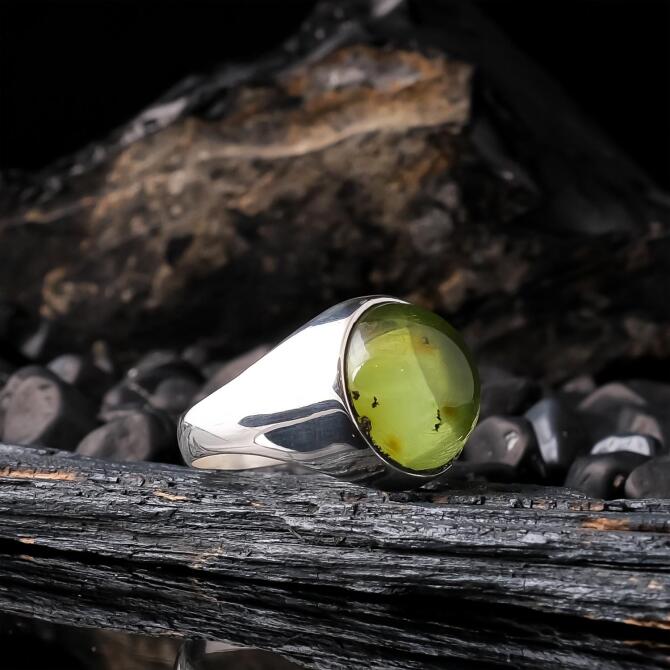 Plain Sevenlere Fossil Karayip Drop Amber 925 K Silver Ring