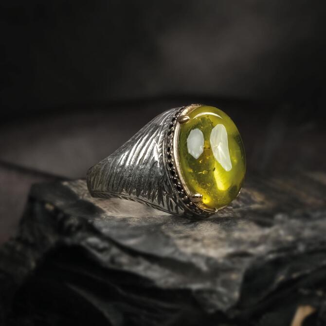 Sade Ve Şık Karayip Damla Kehribar Gümüş Yüzük - Tesbihcibaba