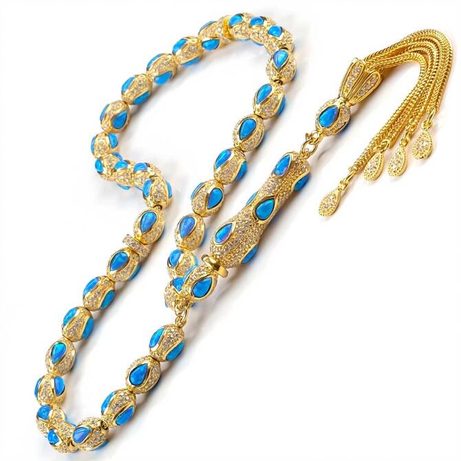 Saf Mavi Opal Taşı ile 925 Ayar Gümüş Tesbih - Tesbihcibaba