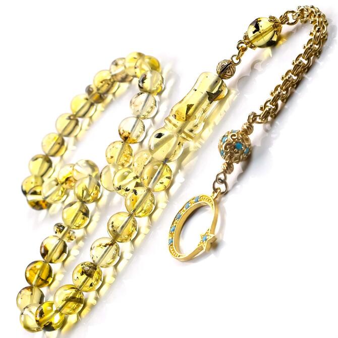 Sancak Model Gold Püskül Fosilli Damla Kehribar Tesbih - Tesbihcibaba