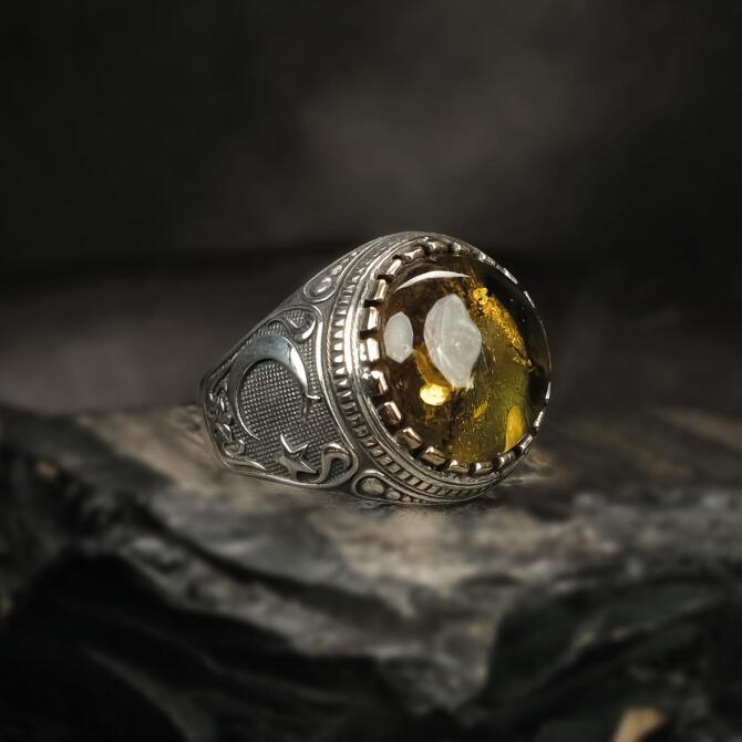 Sancak Model Karayip Damla Kehribar Gümüş Yüzük - Tesbihcibaba