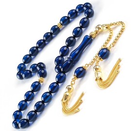 Sapphire Azure Gold Püskül Damla Kehribar Tesbih - Tesbihcibaba