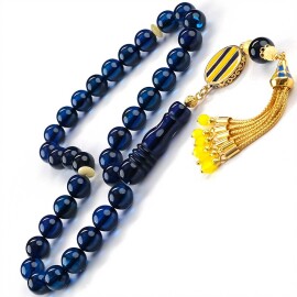 Sapphire Azure Old Class Gold Püskül Damla Kehribar Tesbih - Tesbihcibaba