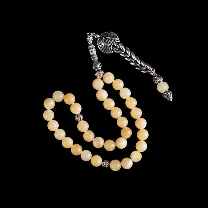 Sarı İnci Calsid Taşı Apatit Gümüş İmame Tesbih - Tesbihcibaba
