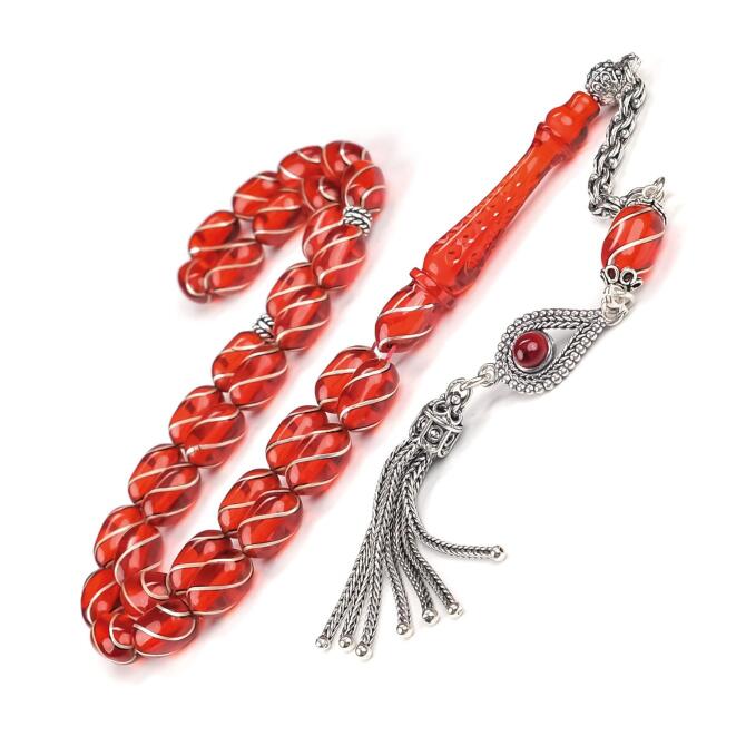 Sarmal Gümüş İşçilik Eşsiz Renk Ateş Kehribarı Tesbih - Tesbihcibaba