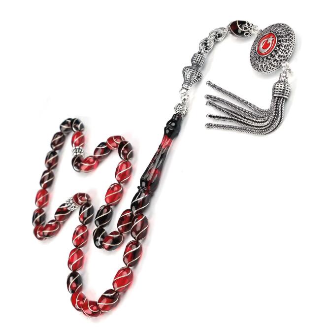 Sarmal Gümüş İşçilik Gece Kızılı Ateş Kehribarı Tesbih - Tesbihcibaba