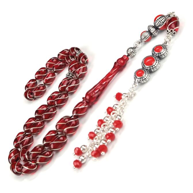 Sarmal Gümüş İşçilik Özel Püsküllü Ateş Kehribarı Tesbih - Tesbihcibaba