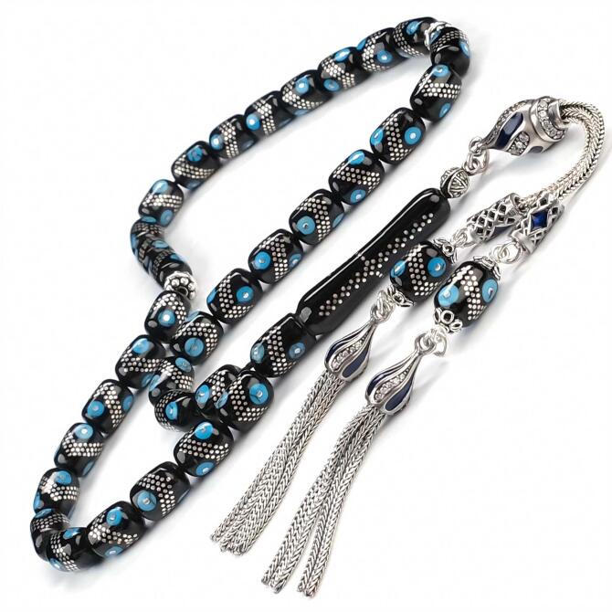 Sarmal Gümüş Tasarım Mavi Mineli Erzurum Oltu Taşı Tesbih - Tesbihcibaba