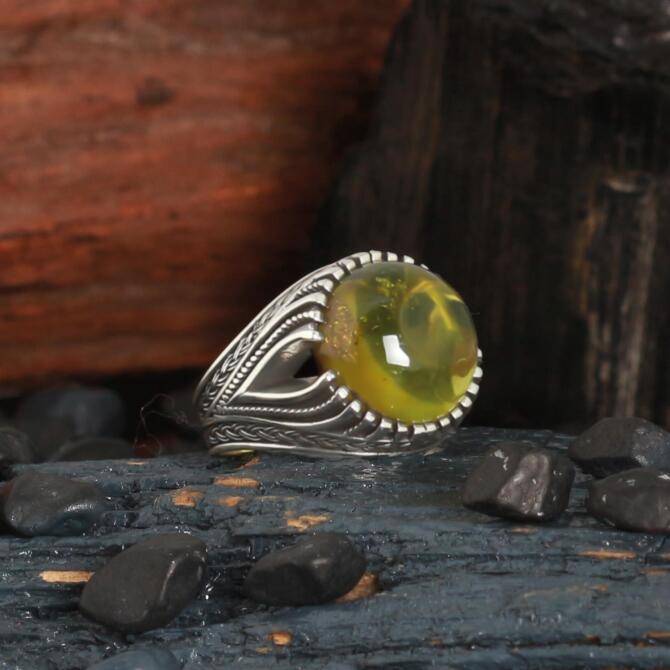 Sarmal Kalemkar Kasa Damla Kehribar Gümüş Yüzük - Tesbihcibaba