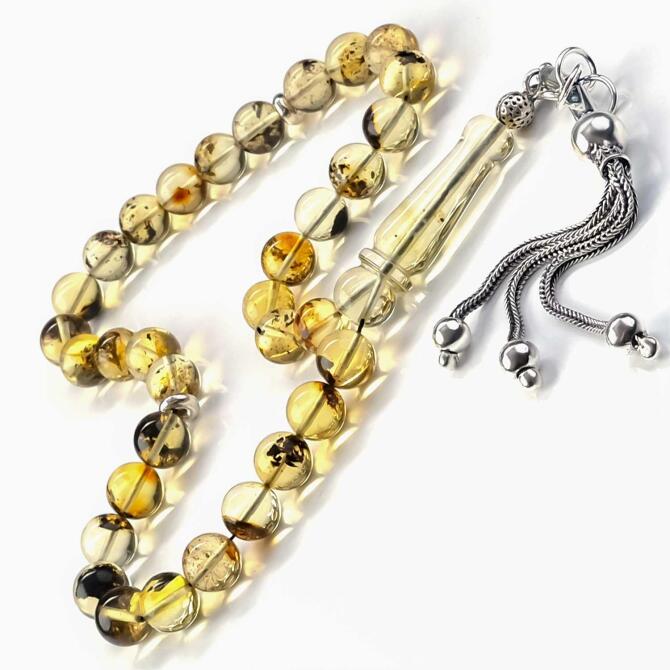 Şeffaf Fosilli Misket Kaya Damla Kehribar Tesbih - Tesbihcibaba