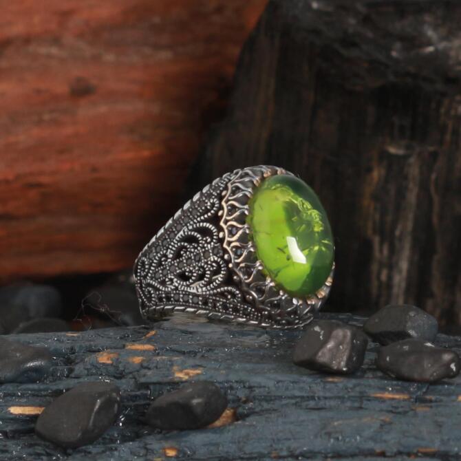 Şehzade Model Karayip Damla Kehribar Gümüş Yüzük - Tesbihcibaba