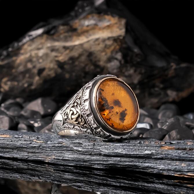 Seljuk Engraving Natural Fossil Drop Amber 925 K Silver Ring