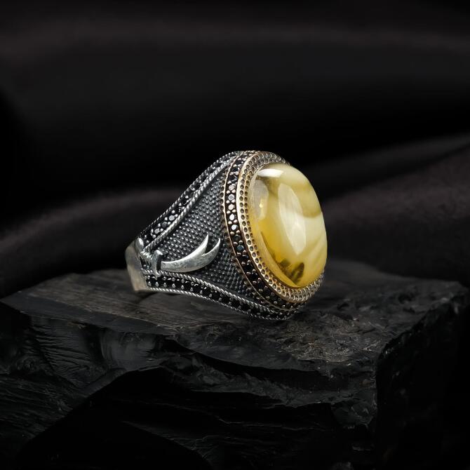 Selçuklu Kartalı Antik Damla Kehribar Yüzük - Tesbihcibaba