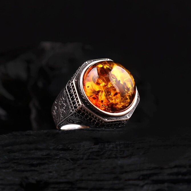 Seljuk Fossil Bal Amber Silver Ring