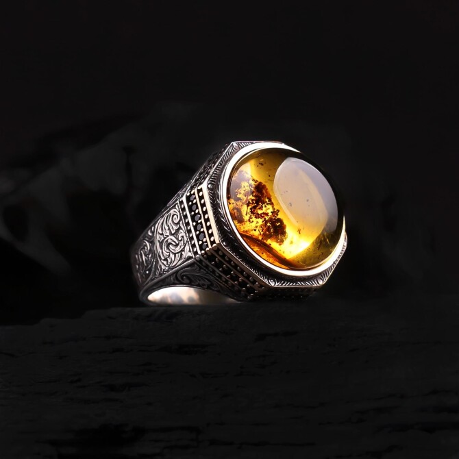 Seljuk Fossil Drop Amber Silver Ring
