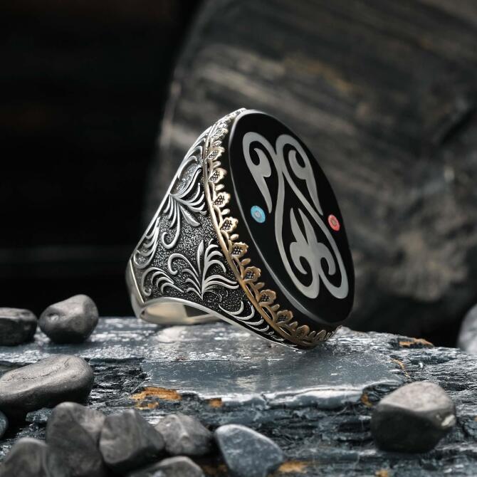 Selçuklu Motifi Erzurum Oltu Taşı Gümüş Yüzük - Tesbihcibaba