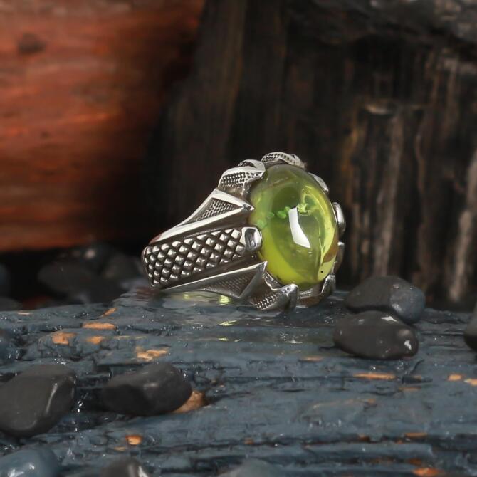 Şelçuklu Pençesi Karayip Kehribar Gümüş Yüzük - Tesbihcibaba