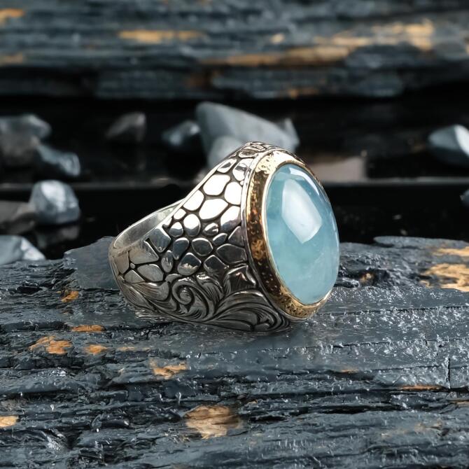 Sertifikalı Blue Topaz Kalem İşleme Gümüş Yüzük - Tesbihcibaba