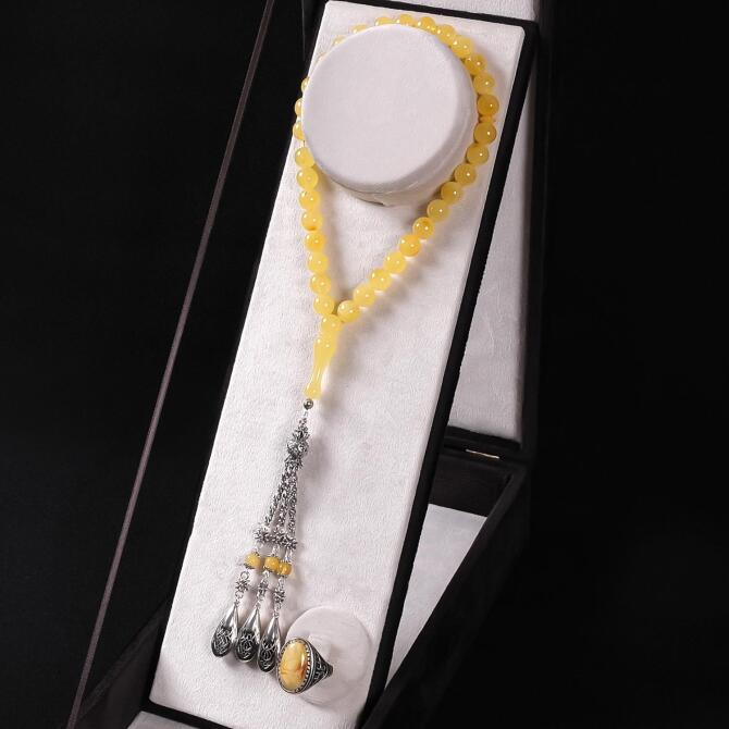 Certified Kral Drop Amber Prayer Beads & Ring Set