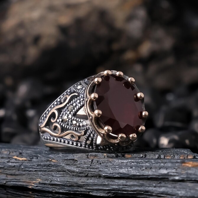 Şifa Stone Orjinal Lal Stone-set 925 K Certified Silver Ring