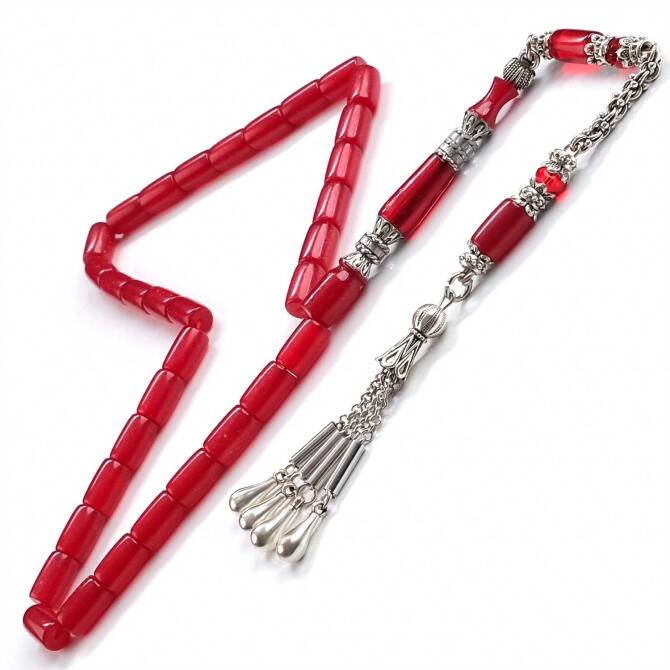 Simli Nakkaş Kesme Model Kızıl Sıkma Kehribar Tesbih - Tesbihcibaba