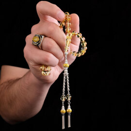 Sinek Fosilli İmamesiyle Su Damlası Kehribar Tesbih - 4