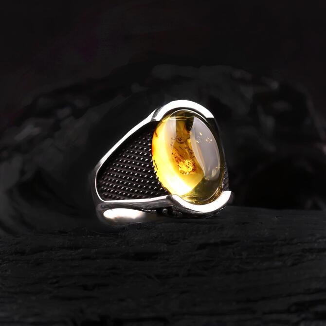 Sinek Fossil Amber Silver Ring