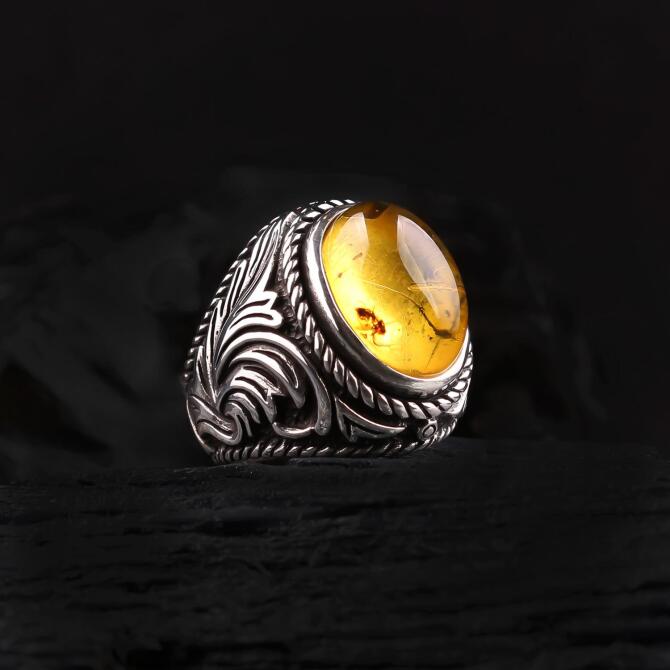 Sinek Fossil Koleksiyonluk Amber Silver Ring