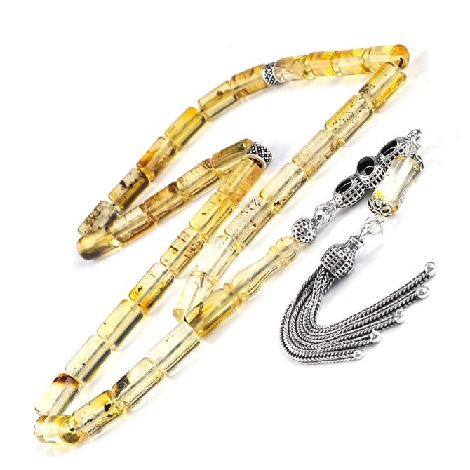 Siyah Detay Püskülü İle Damla Kehribar Tesbih - Tesbihcibaba