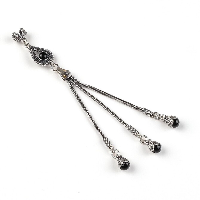 Siyah Mineli Gümüş Tesbih Püskülü - Tesbihcibaba