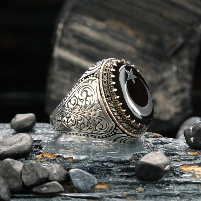 Siyah Sancak Erzurum Oltu Taşı Gümüş Yüzük - Tesbihcibaba