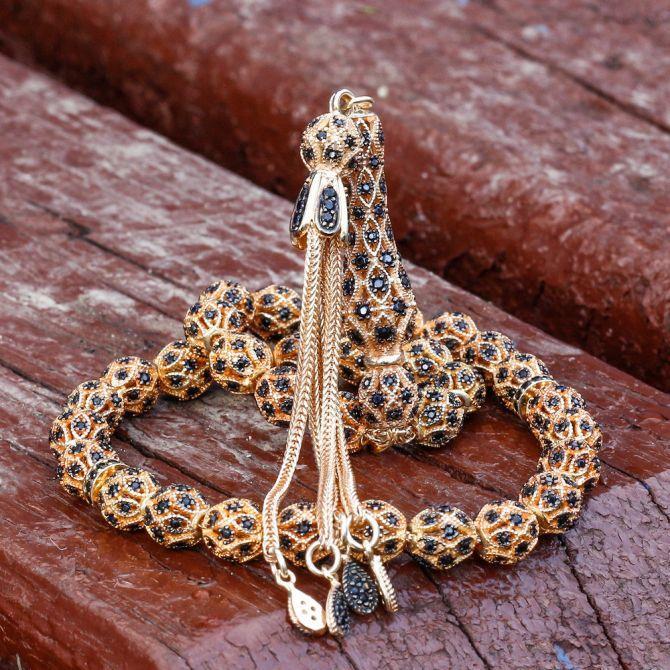 Siyah Zirkon Taş İşlemeli Gümüş Tesbih - Tesbihcibaba