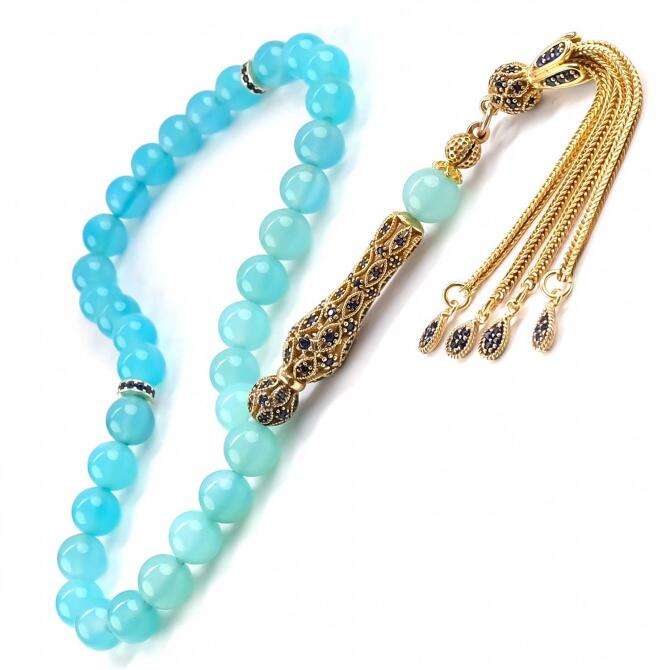 Sky Blue Mavi Akik Zirkon Gümüş Tasarım Doğaltaş Tesbih - Tesbihcibaba