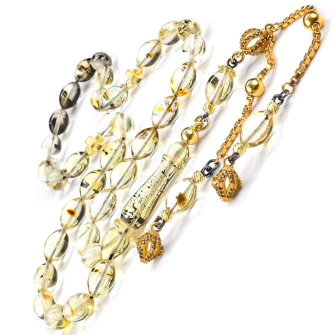 Su Damlası Beyzi Kesim Fosilli Damla Kehribar Tesbih - Tesbihcibaba