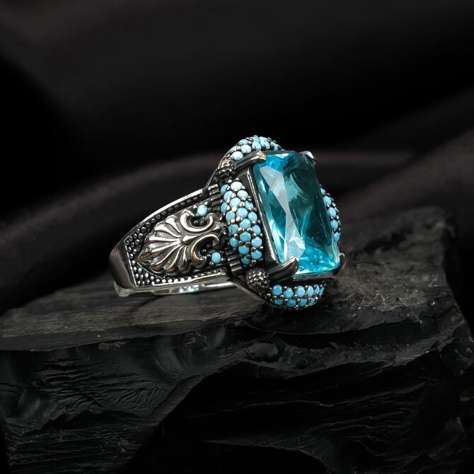 Su Mavisi Zirkon Kasa Gümüş Yüzük - Tesbihcibaba