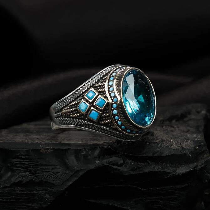 Su Mavisi Zirkon Taşlı Gümüş Yüzük - Tesbihcibaba